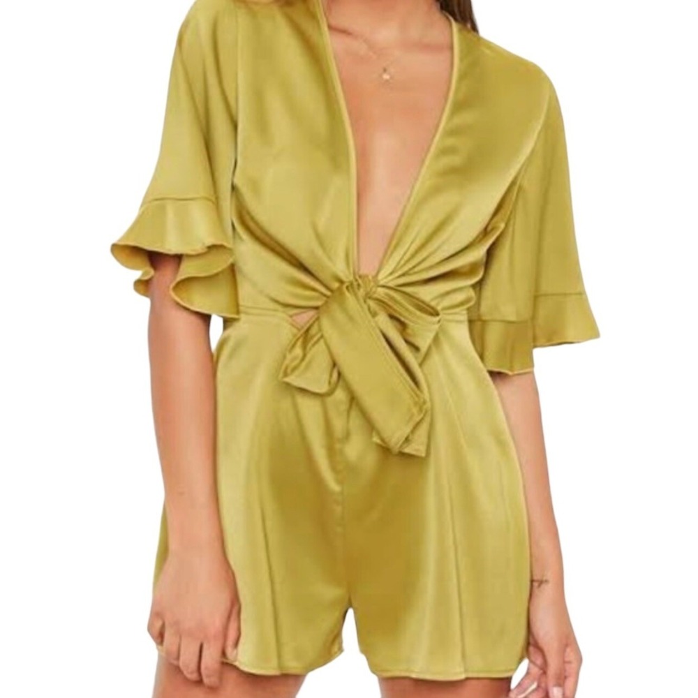 Missguided Romper Sz 4 Chartreuse Yellow Green Shorts Lime Silky Light Weight